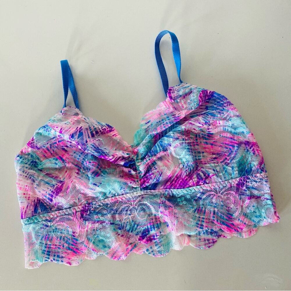 NEW VS VICTORIAS SECRET PINK Lace Blue Purple Swirl Print Ruffle Bra Bralette M